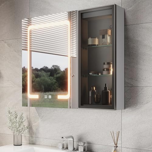 SUNXURY Spiegelschrank Bad 70cm mit Beleuchtung, Badspiegelschrank mit glasablage, 3 Farbe modi, Anti-Beschlag, Steckdose und Touch, Badschrank hängend aus MDF, 700x600x125mm Marokkanisches Grau