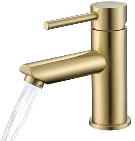 Mitigeur Lavabo en Acier Inoxydable Finition Or Brossé - Robinet Salle Bain | Robinet Lavabo avec Hauteur de Bec 79mm, Monocommande Doré pour Vasque et Lave-Mains, Inclus Tuyaux de Raccordement Flexibles