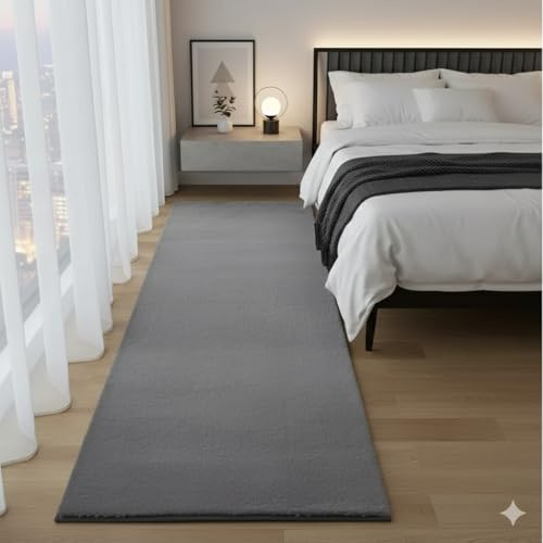 Luxury Bedroom Runner Rug, Super Soft Anti-Slip Faux Rabbit Fur Carpet Mat, 60 x 220 cm, for Living Room Floor Washable (Grey)