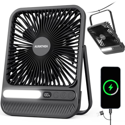 AURATHEA 10000mAh USB Ventilator, Ultraflach Tragbarer Tischventilator, Akku Camping Ventilator mit LED-Licht, Display, 4 Geschwindigkeitsstufen, Timer für Camping, Büro und Kreuzfahrten