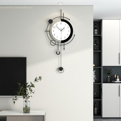 JUJUDA Modern Wall Clock for Living Room Decor 15 Inch Big Decorative Black Metal Wall Clock with Pendulum Battery Operated Non Ticking Quality Quartz Silent Large Clock for Kitchen Office Bedroom