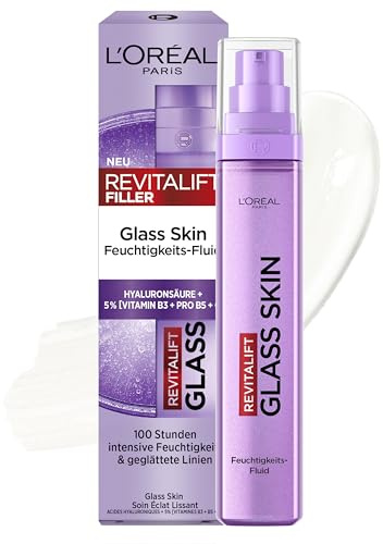 L'Oréal Paris Glass Skin fukt-luid, för vadderad och glänsande hud, med hyaluronsyra 5% [Vitamin B3 Pro B5 C], utjämnande anti-aging ansiktsvätska, vitaliftfyllmedel, 50 ml