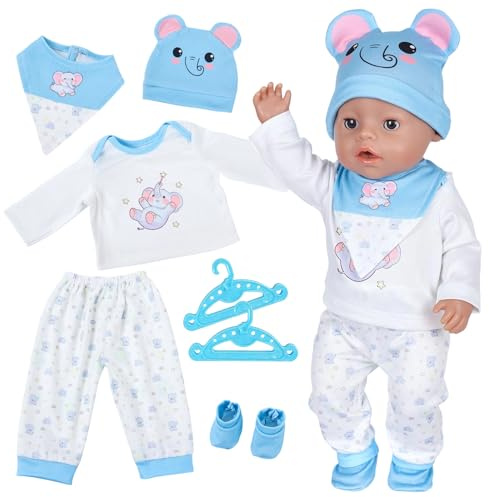 5Pcs Baby Doll Clothes for 35-43cm Doll, Elephant Baby Doll Accessories for 14-17Inch, Doll Clothes with Top, Pants, Bib, Socks & Hanger, Doll Clothes Accessories for Kids Birthday