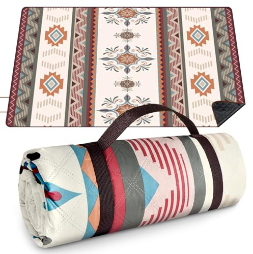 AUAUY Picknickdecke Boho Wasserdicht, 200x200cm, mit Tragegurt, Blau | Maschinenwaschbar Faltbar Strandmatte, Sandabweisend & Isoliert Outdoor Camping Stranddecke, für Camping und Gärten