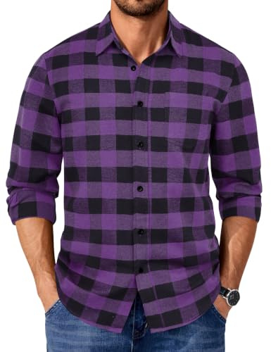 COOFANDY rutig skjorta för män, långärmad flanell, Svart & lila, 3XL