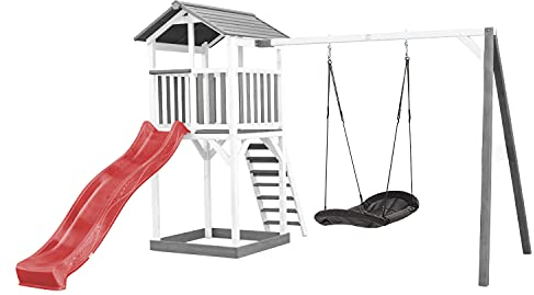 AXI Beach Tower Spielturm aus Holz in Weiß & Grau | Spielhaus für Kinder mit roter Rutsche, Nestschaukel und Sandkasten | Stelzenhaus für den Garten