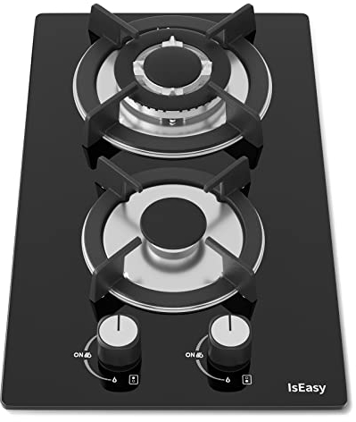 Gaskochfeld 2 flammig, IsEasy Glas Gaskochfeld, 2 Gaskochfelder Schwarz Glasherd, Automatischer Thermoelementschutz, Erdgas(20mbr)/Propangas(30/50mbr), für Jedes Kochgeschirr Geeignet, 4300W, 30cm