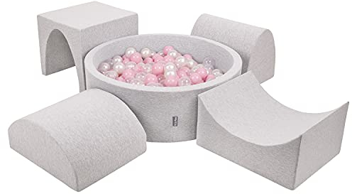 KiddyMoon Spielplatz Aus Schaumstoff Mit Rund Bällebad (300 Bälle) Ballgruben Für Babys Spielbad Hindernisläufen, Hergestellt In EU, Hellgrau:Puderrosa/Perle/Transparent