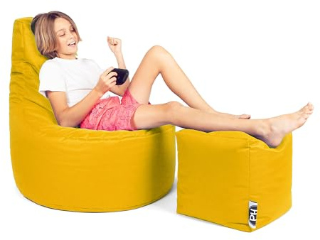PATCH HOME Patchhome Gamer Cushion Lounge Cushion Bean Bag Armchair Seat Cushion Bean Bag + Cube / Stool with Zip Already Filled (Yellow, XXL - Diameter 80 cm Chair + 35 x 35 cm Cube)