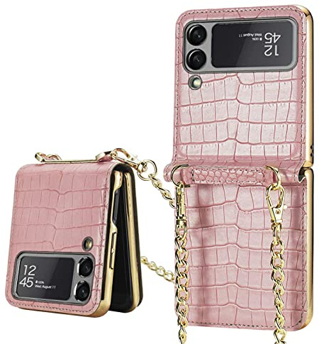 COQUE Samsung Galaxy Z Flip 3 Case,Textured Beauty Female Bag Leather Case Golden Shell,Folding Phone Cover for Samsung Galaxy Z Flip 3 5G-Crocodile Pink