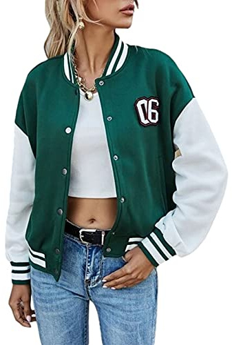 Geagodelia Veste universitaire pour femme - Veste de baseball vintage - Veste courte de mi-saison avec bouton Y2K - Mode - Haut pour Printemps Automne, vert, L