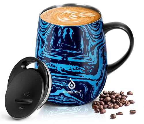 Ideus Coffee Mug 470ml (16oz), Double Wall Vacuum Insulated Stainless Steel Coffee & Tea Cup w/Non-Slip Handle & Slider Module Lid & Large Volume (Blue Zebra) | Double wall stainless steel; thermal cup; keeps drinks hot or cold; ideal for home office travel