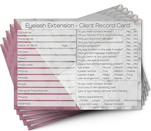 Carte cliente extension ciglia – record di consultazione clienti salone e terapista – servizi di trattamento Essentials – Profilo e moduli di registrazione – Buoni fedeltà regalo Beauty Stationery