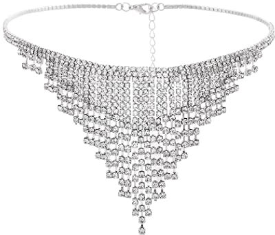 Sethexy Quaste Kristall Halskette Silber Funkelnd Strass Kollier Randbereich Hochzeit Nachtclub Halskette Schmuck Zubehör für Frauen und Mädchen