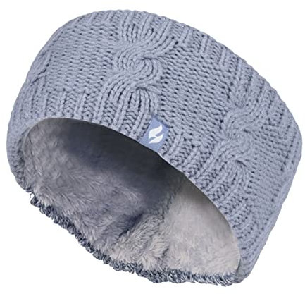 Heat Holders - Ladies Thick Cable Knitted Fleece Lined Thermal Winter Empty Skull Ear Warmer Headband (One Size, Dusky Blue)