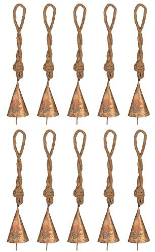 Vivanta 10 campanas de vaca de metal dorado rústico con cuerda de yute de 2 pulgadas, cascabeles pequeños para manualidades, campanas de cono para manualidades, adornos de campanas de Navidad