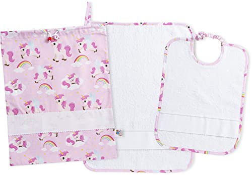 Filet - Set Asilo 3 Pezzi | Sacchetto, Bavaglino e Asciugamano in coordinato | Cotone e Spugna di alta qualità |Inserto in tela aida da ricamare | Stampa Unicorni su fondo rosa