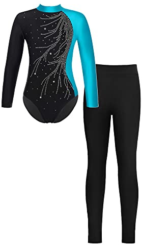 iEFiEL Mädchen Turnanzug Langarm Glitzer Gymnastik Kleidung Set Ballett Trikot Langarmbody mit lange Hose Kinder Gymnastikanzug Z Grün + Schwarz 122-128
