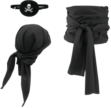 Proumhang Piraten Kostüm Zubehör Set Piraten Schärpe Gürtel Stirnband Taillengürtel Piratenkapitän Mittelalterliche Große Schärpe Piraten Kopftuch Bandanas für Halloween Kinder Erwachsene Schwarz