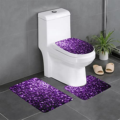 TRESILA 3-teiliges Badematten-Set, rutschfest, Badezimmermatte, WC-Vorleger, Teppich, Flanell, Bodenmatte, Druck, Türmatten, schöner lila Glitzer