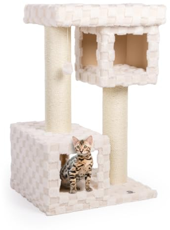 CanadianCat Company | Kratzbaum Clifton 107cm hoch Katzenbaum große Katzen stabil, Katzenkratzbaum, Katzen Kratzbrett, einzigartiges Karo-Plüschmuster, Katzenhöhle, Beige