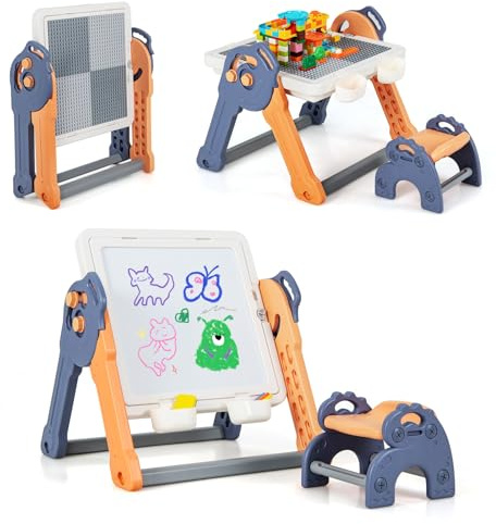 DREAMADE 6 en 1 Table Enfants 3+Ans avec Chaise&Plateau Blocs Amovible,Chevalet Enfant Pliable Double Face avec 4 Paniers&102 Blocs&6 Marqueurs&Gomme,Tableau Enfant Charge 75KG (Pliable)