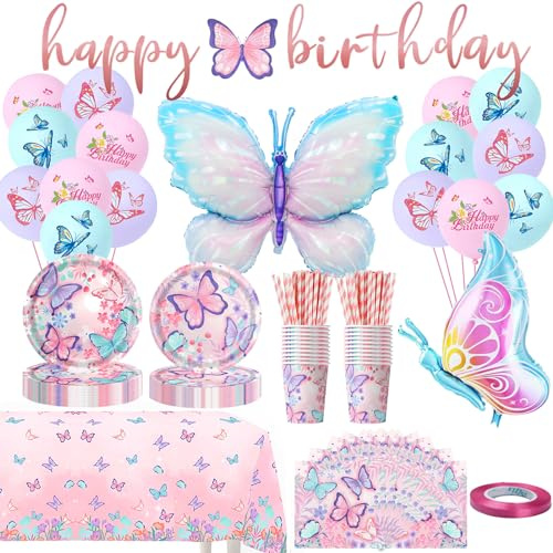 Juego de vajilla para fiesta de fútbol, decoración de cumpleaños para niños, vajilla de fútbol, decoración para fiestas (mariposa – 20)
