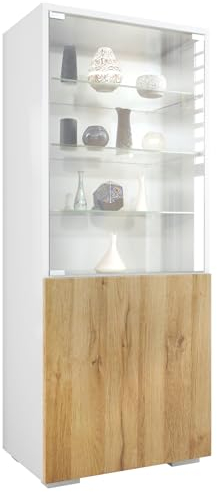 Vitrine Granada, Made in Germany, Vitrinenschrank mit Glastür und Glaseinsatz, Weiß matt/Eiche Natur (50 x 122,5 x 34,5 cm)