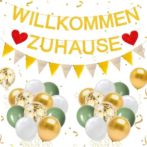 YSUVIN Willkommen Zuhause Deko, Herzlich Willkommen-Girlande, 1 Willkommen-Zuhause Banner, 1 Triangular Flag Banner, 20 Luftballons für Hochzeit, Einweihungsparty, Gold+Grün