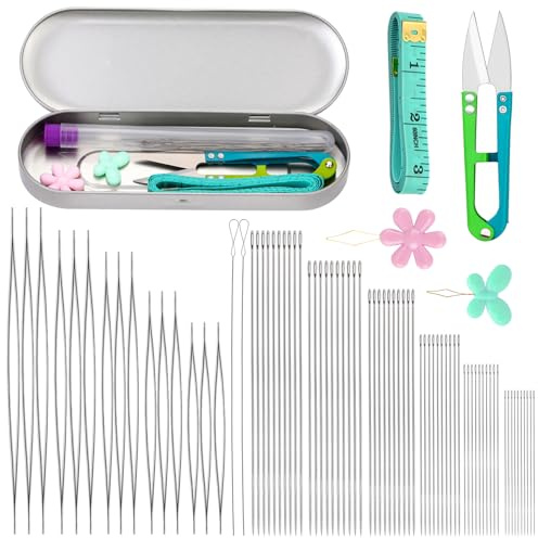Doxiru 86 Pcs Beading Needles Set, 18 Pcs Big Eye and 60 Pcs Long Straight Needles Scissor Thimble for Jewelry Making for Beading Supplies