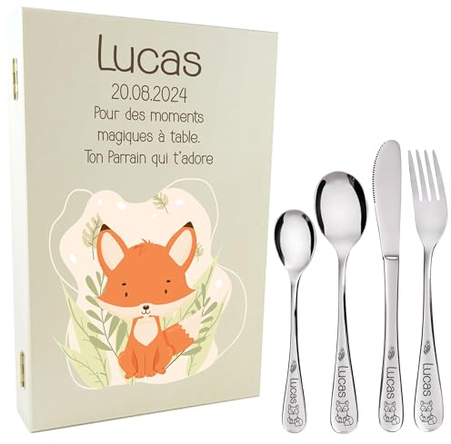 Gravure Events - Coffret en bois avec 4 Couverts personnalisés pour enfant - prénom gravé en FRANCE - Cadeau Noël bébé, Baptême, cadeau de Naissance fille ou garçon - Modèle Renard