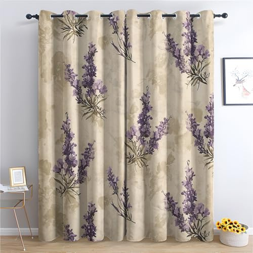 SZLYZM Vorhänge Lavendel Vintage, Verdunkelungsvorhang 2er Set - Vorhang Blickdicht Lila Geblümt Muster, Thermovorhang für Deko Wohnzimmer Schlafzimmer, Gardinen mit Ösen 200x140 cm (HxB)