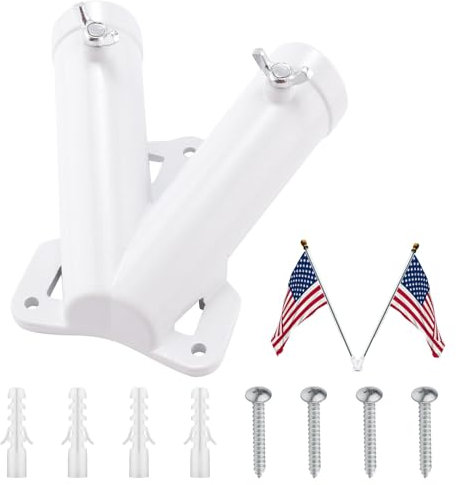 PEUTIER Double Flag Pole Bracket Holder, V Shape Premium Aluminum Alloy Flagpole Holder Mounting Bracket Heavy Duty Flagpole Carrier Double Slot Double Flag Pole Bracket Holder(White)