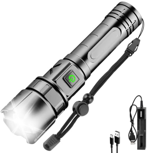NAKCNM Taschenlampe LED Aufladbar, XHP70 LED Taschenlampe Extrem Hell 10000 Lumen mit Akku Batterie, USB Wiederaufladbar, 5 Lichtmodi, Einstellbarer Fokus, Wasserdicht für Camping Angeln Notfall