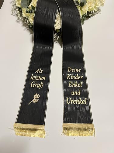 (17 Farbe Auswahl) Moire Trauerschleife mit Text personalisiert, Grabsgesteckband Bedruckt nach Wunsch, Urnen- Grabstrausschleife, Kranzschleife (Schwarz, 75mm)