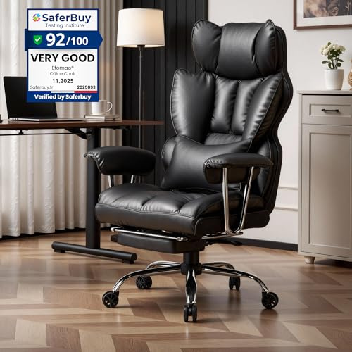 Efomao Desk Office Chair, Big and Tall PU Leather Ergonomic Office Chair, 200KG Adjustable High Back Computer Chair,Executive Swivel Chair with Footrest and Lumbar Support, Black