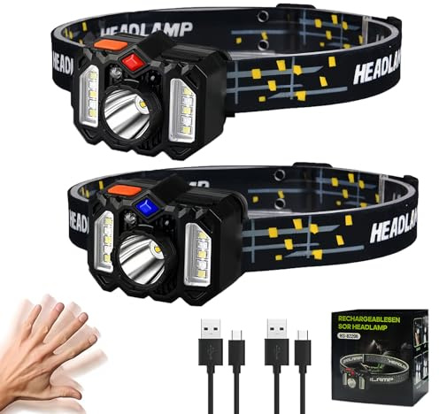 Fancysky Lampe Frontale LED Rechargeable USB C, lot de 2 Torche Frontale avec Capteur de Mouvement, étanche IPX4, Batterie 1200 mAh, Lampe Frontale pour Jogging, Course, Camping, Pêche, Randonnée