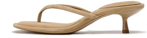 ATBELL Kitten Heel Thong Sandals for Women Slip-on Low Heeled Sandal Fashion Summer Flip Flops Heels, Camel Suede, 4.5 UK