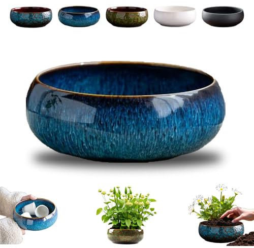 Lotus Bowl Planter, Ceramic Flower Bowls for Planting in Water Indoors, Pots for Succulents Hydroponics, Leak-Proof Unique Glazed Aesthetic for Bonsai Lotus Flower Seeds 1pc (Navy)