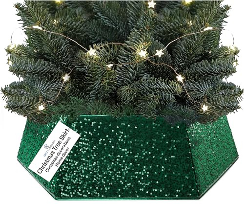 DECO EXPRESS Christbaumständer Abdeckung mit Glitzernden Pailletten, 85 x 25 cm, Hexagon Tannenbaum Kragen, Ideal als Weihnachtsbaum Deko (Grün Pailletten)