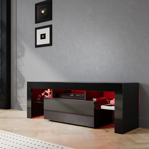 SIRHONA Meuble TV LED Noir, Banc TV 130x35x45cm, Éclairage LED RGB avec Couleur réglable, Capacité de Charge 40 kg, Convient pour Salon ou Chambre