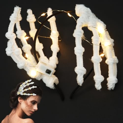 Halloween Haarreif, Halloween Basteln Kinder, LED Halloween Haarschmuck, DIY Skelett Hand Kopfschmuck, Pfeifenputzer zum Basteln, Haarreifen Halloween Pfeifenreiniger Bastelset für Kinder Erwachsene