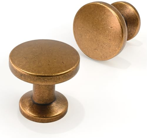 Asimerdeco 10 Pack Antique Brass Cabinet Knobs 30mm Round Kitchen Solid Zinc Alloy Drawer Knobs