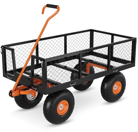Garvee Carrito De Jardín De 500 LBS, Vagón De Jardín Pesado con Ruedas, Vagón De Carrito De Utilidad Al Aire Libre con Lados Extraíbles y Mango Giratorio De 180 ° para Césped, Patio, Negro y Naranja
