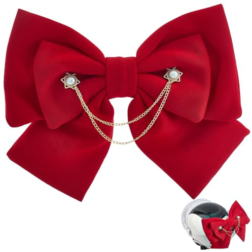 GORGECRAFT Nœud Décoratif pour Casque Grand Nœud Rouge en Polyester Autocollant avec Chaîne en Fer Doré Ventouse Accessoire pour Casque de Femme pour Ski Moto Snowboard Cyclisme Patch pour Cheveux