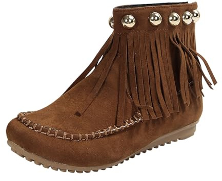 Generisch Botines de invierno con tacón para mujer, botas con flecos para mujer, botines occidentales de plataforma monocromática, antideslizantes, punta redonda, botas cortas retro, café, 37 EU