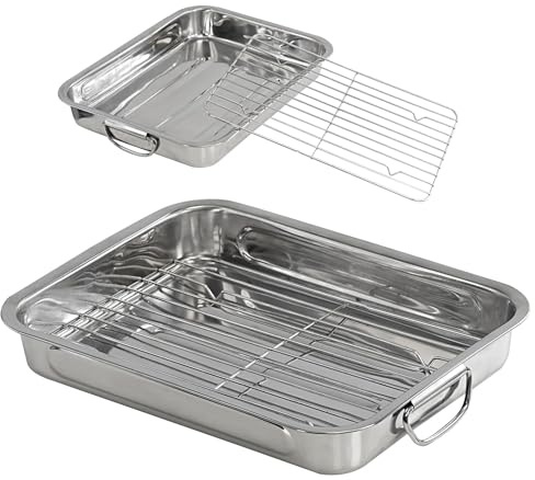 GEEZY Roasting Tin with Rack - Stainless Steel Roasting Tray with Integrated Folding Handles, Dishwasher Safe - Kitchen Deep Oven Tray for Chicken, Small Turkey, Meat, Vegetables, Stews, Casseroles