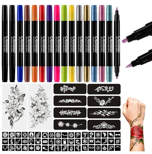 Oiomniv Tattoo Stifte Kinder, 15 Stück Glitzer Tattoo Set Kinder Dual-End | mit 62 Tattoo Schablonen 2 Temporäre Tattoos, Tattoos Mädchen für Kinder Erwachsene, Hautverträglich,Mädchen Geschenk