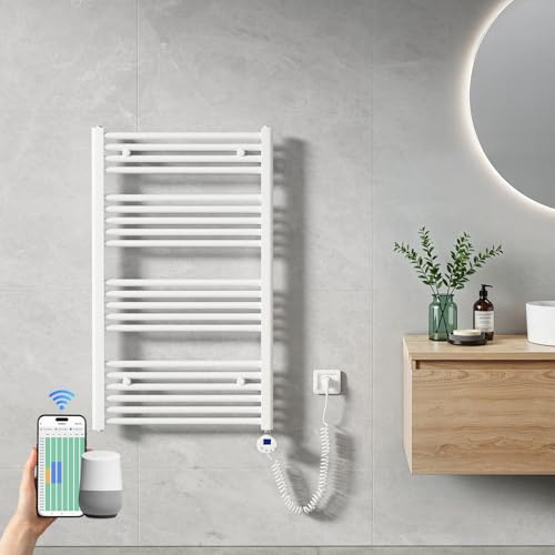 Heilmetz Handtuchheizkörper Elektrisch 1000 x 600 mm, Smart WiFi Thermostat Elektrischer Badheizkörper, steuerbar per Tuya App und Sprachassistenten (Alexa/Google Home), Handtuchwärmer Weiß 500W