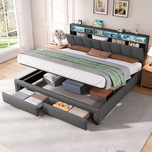 Upholstered Bed Frame with Hydraulic Lift&Drawers&Adjustable Concealed Storage Headboard, 6ft Super King Size Bed Frame with LED Lighting&Charging Station, Linen Functional Ottoman Storage Bed, Grey